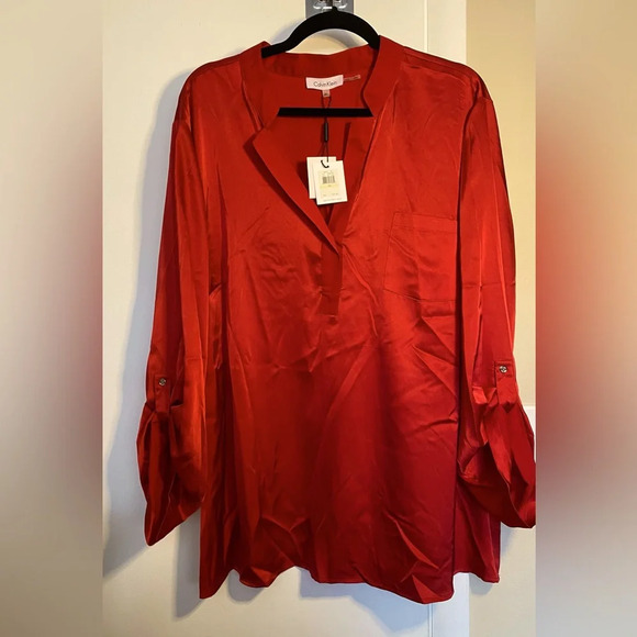 NWT Calvin Klein Red Roll Up Sleeve Top Size 2X - Picture 1 of 6